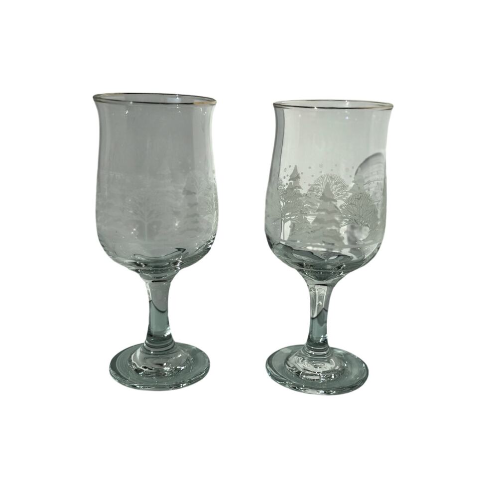 1980s Libbey Arby's Pine Etched Winter Snow Scene Wine Glass Set of 2 Gold Rim